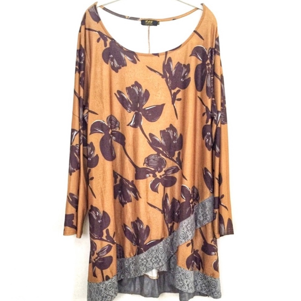 R&B Floral Lace Long Sleeve Tunic Yellow 2X